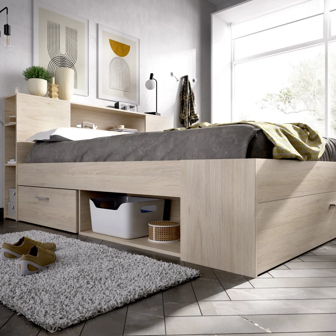 Letto Matrimoniale Marrone Rovere Contenitore Dimensione Materasso 160x200 cm, Peso Supportato 150 kg - Murlo