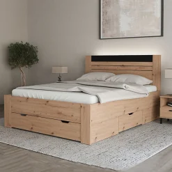 Letto Matrimoniale Marrone Rovere Nodi Nero Dimensione Materasso 160x200 cm Testata Dettaglio Rigato, Peso Supportato 200 kg - Kabale