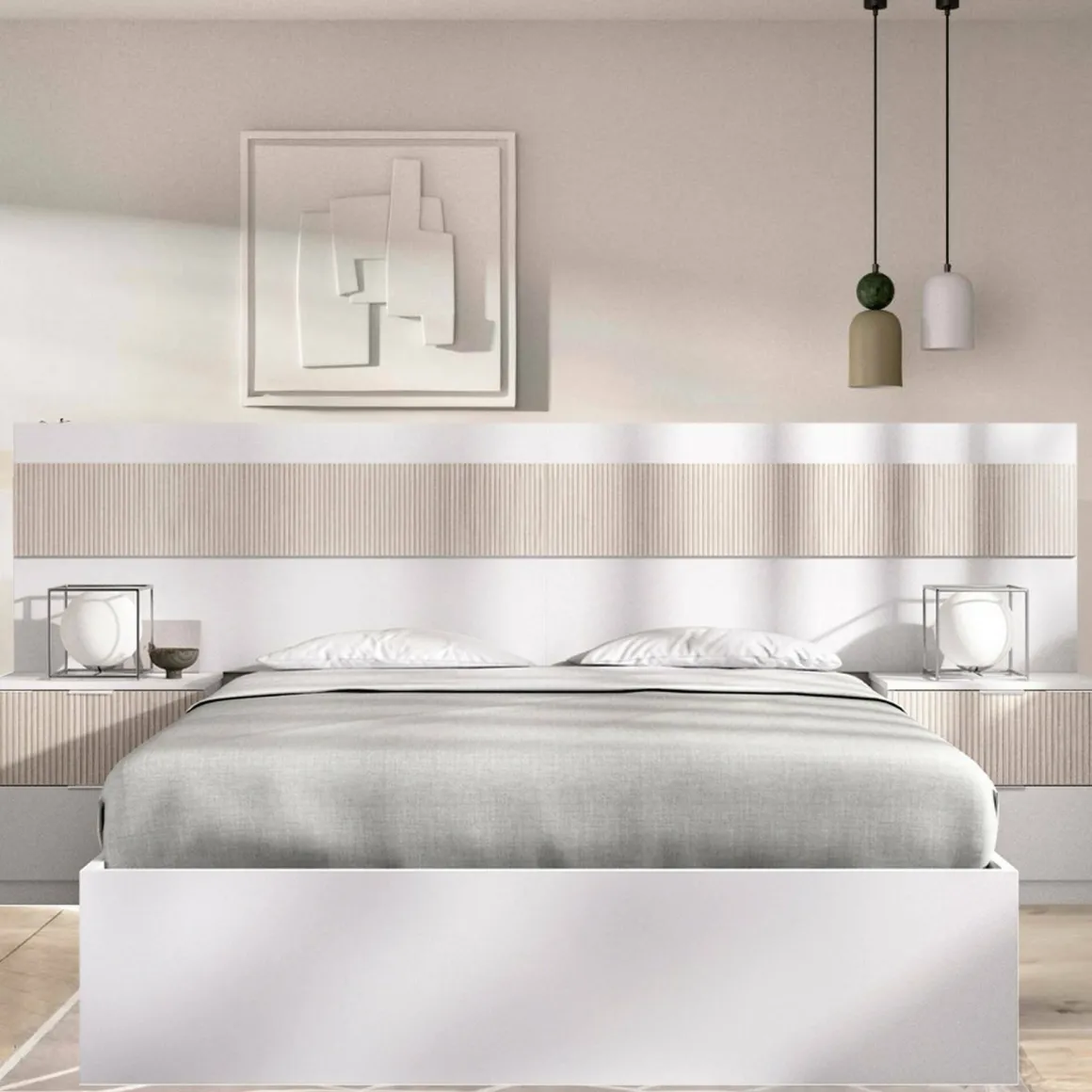 Letti Matrimoniali > Dmora Letto matrimoniale moderno bianco e rovere 205x266cm struttura in legno - Aral Marrone, Bianco Rovere