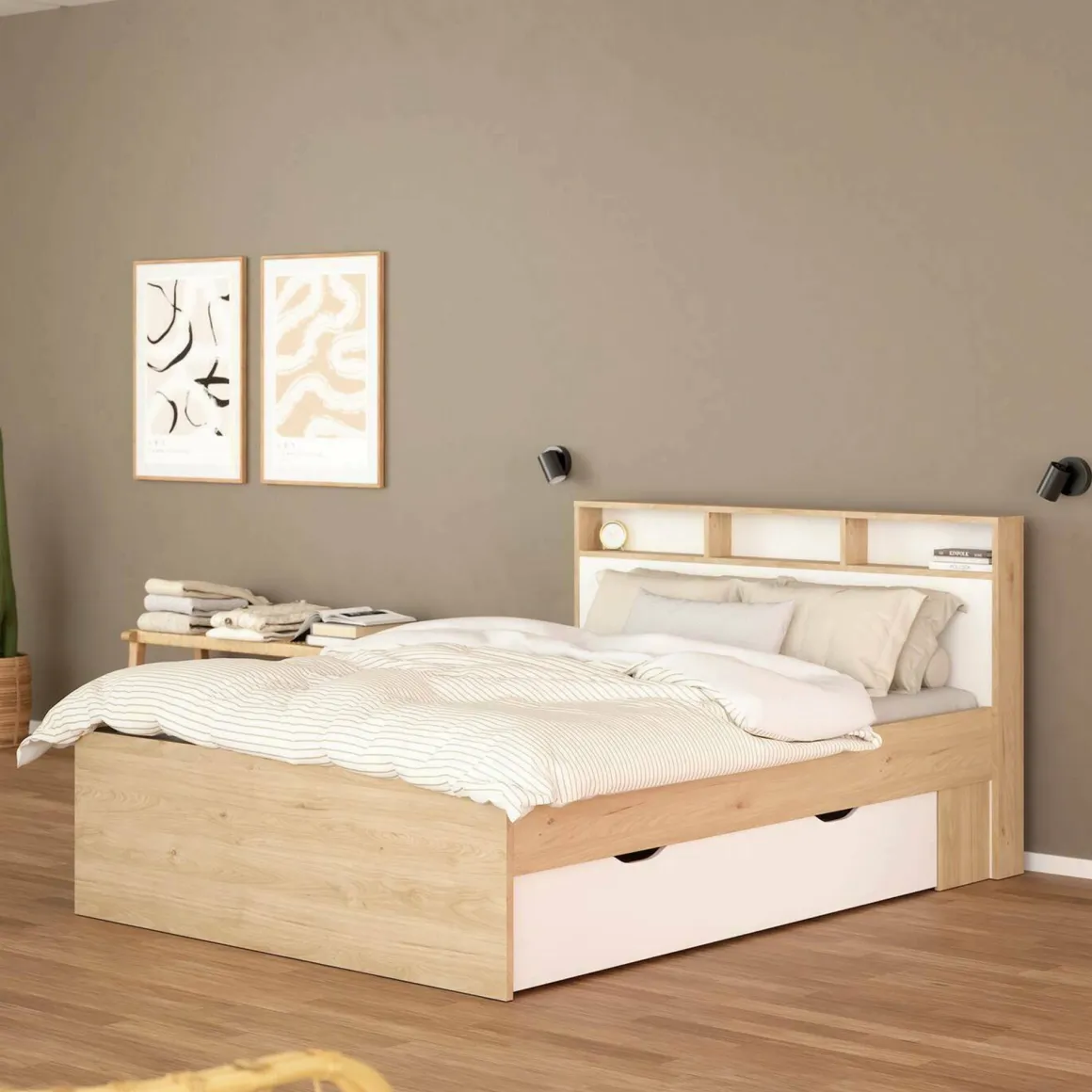Letto matrimoniale rovere e bianco 169x216cm rivestimento in ecopelle - Enteng