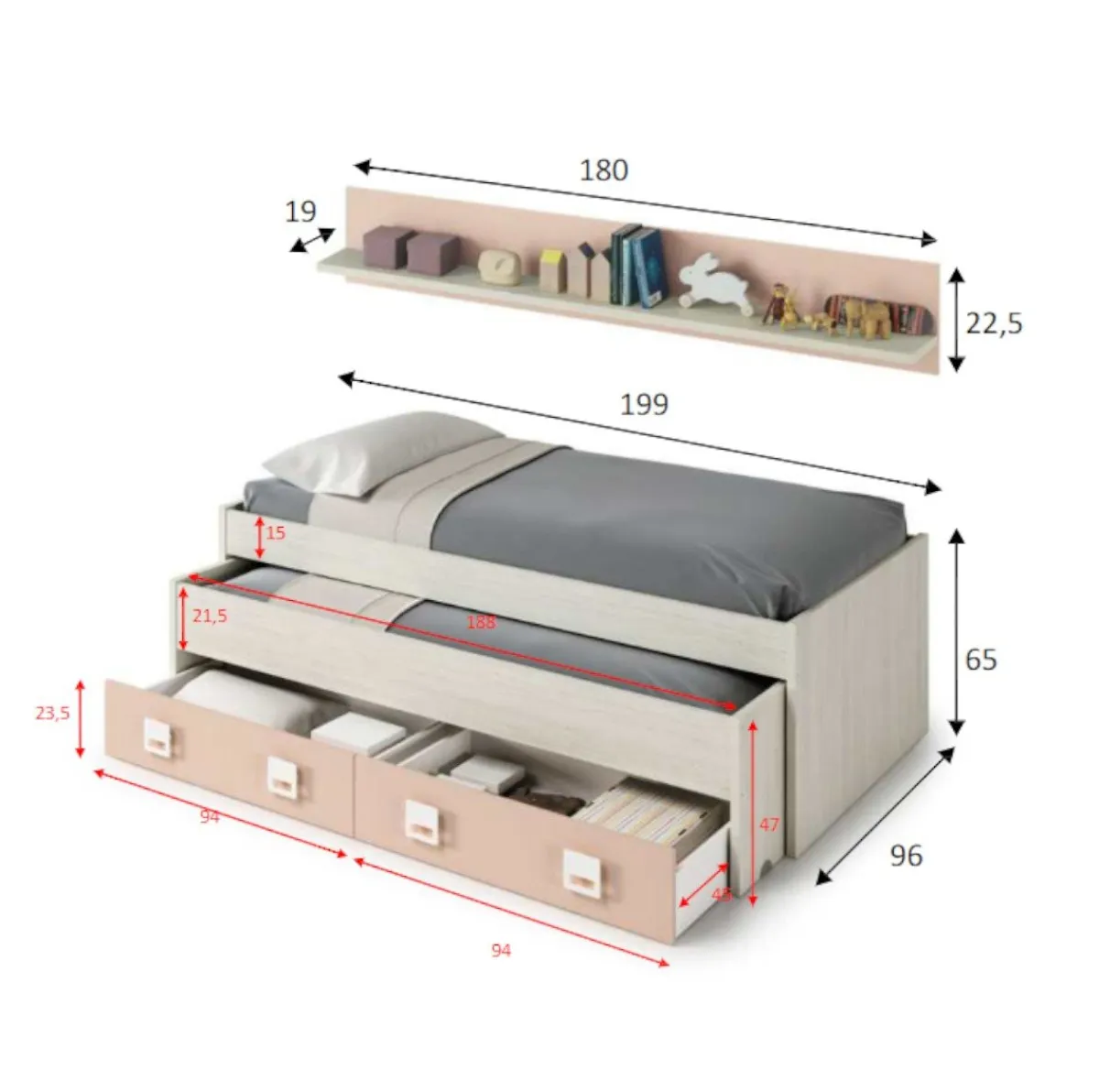Cameretta|Letti Estraibili > Dmora Letto per bambini compatto 199x96cm bianco e rosa - Asi Rosa, Bianco