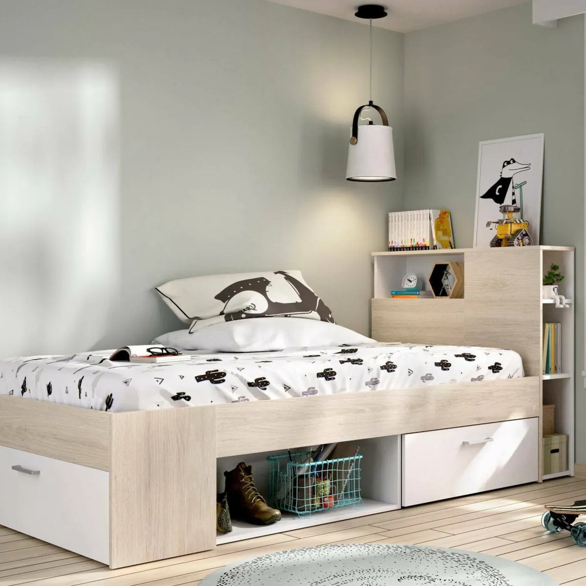 Letti Contenitore|Letti Singoli > Dmora Letto per bambini moderno bianco e rovere 99x218cm adatto per materasso 90x190 cm - Adrielle Marrone, Bianco Rovere