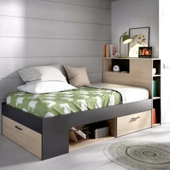 Letto per bambini scaffali e cassetti 218x99cm rovere e antracite - Adrielle
