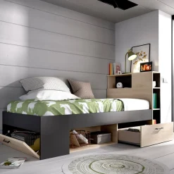 Letto per bambini scaffali e cassetti 218x99cm rovere e antracite - Adrielle