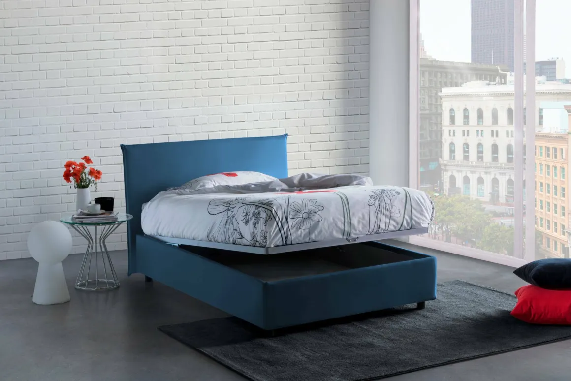 Letto piazza e mezza Alvino, con materasso Cm 120x200 incluso, Blu