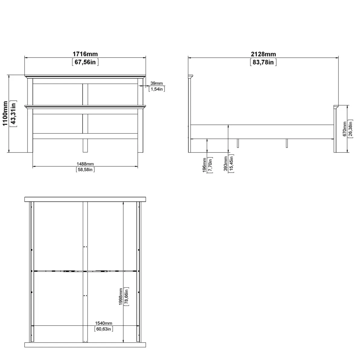 Letti Piazza E Mezza|Letti Piazza E Mezza > Dmora Letto piazza e mezza Armungia, 172x213 h110 cm, Bianco