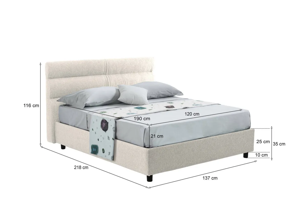 Letto Piazza e Mezza Beige Materasso Incluso Sfoderabile, Contenitore Made in Italy - Briosco
