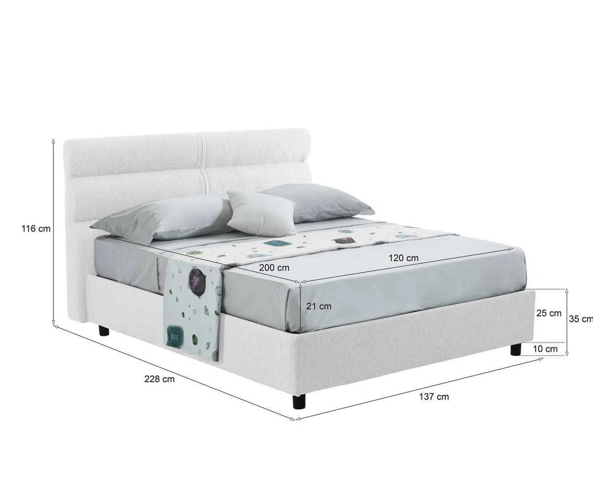 Letti Piazza E Mezza|Letti Piazza E Mezza > Dmora Letto Piazza e Mezza Materasso Incluso Sfoderabile, Contenitore Made in Italy - Brinzio Bianco