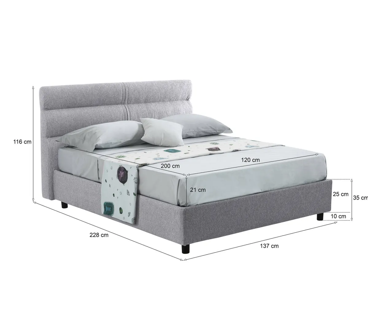 Letti Piazza E Mezza|Letti Piazza E Mezza > Dmora Letto Piazza e Mezza Materasso Incluso Sfoderabile, Contenitore Made in Italy - Brinzio Grigio