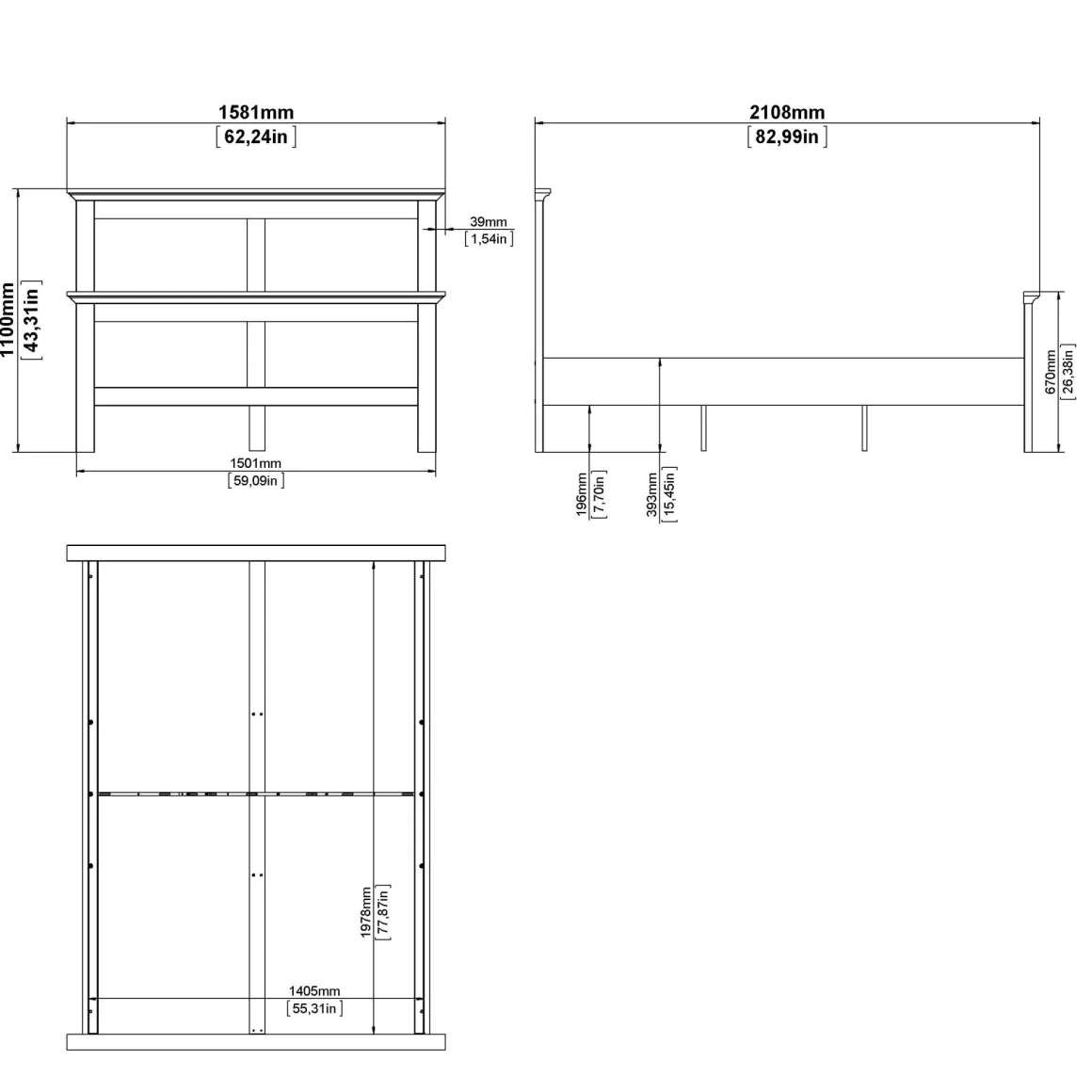 Letto piazza e mezza Umbert, 211x158 h110 cm, Grigio
