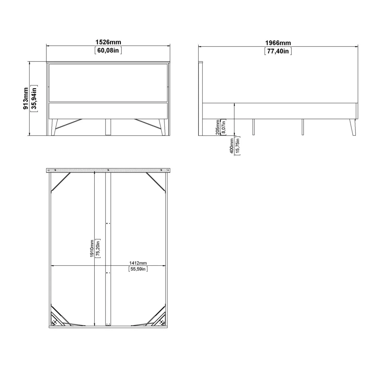 Letti Piazza E Mezza|Letti Piazza E Mezza > Dmora Letto piazza e mezza Zeri, 197x153 h91 cm, Rovere Marrone Rovere