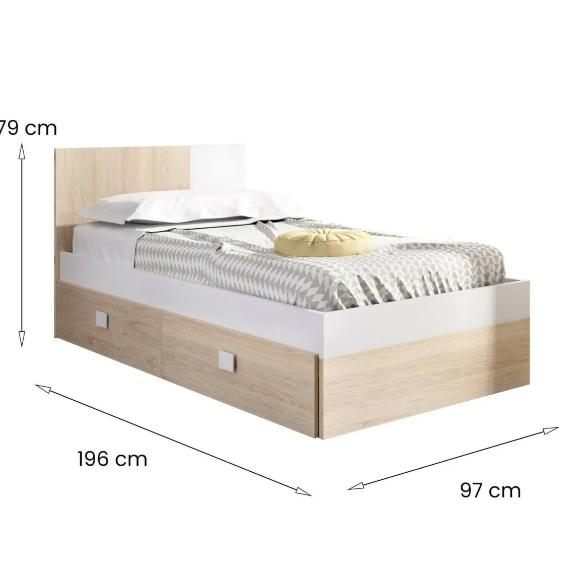 Letto 1 piazza moderno bianco e rovere 196x97cm adatto per materasso 90x190 cm - Rashmi
