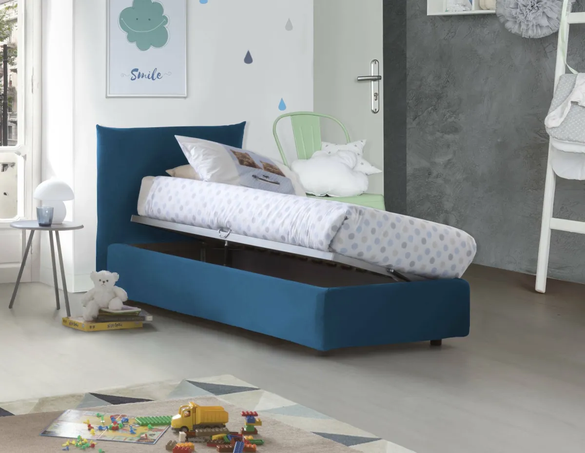 Letti Singoli|Letti Contenitore > Dmora Letto 1 posto contenitore 110x215cm rivestito in tessuto - Alisech Blu