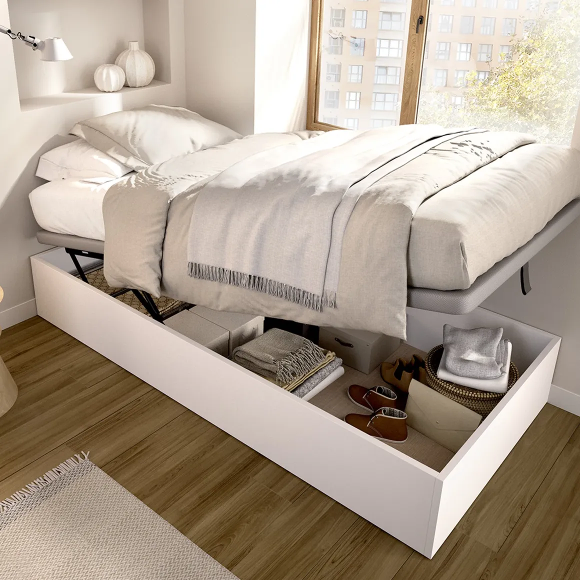 Letti Contenitore|Letti Singoli > Dmora Letto Singolo Contenitore Dimensione Materasso 90x190 cm, - Lufkin Bianco