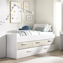 Letti Contenitore|Letti Singoli > Dmora Letto singolo bianco e rovere 95x194cm - Aftro Marrone, Bianco Rovere