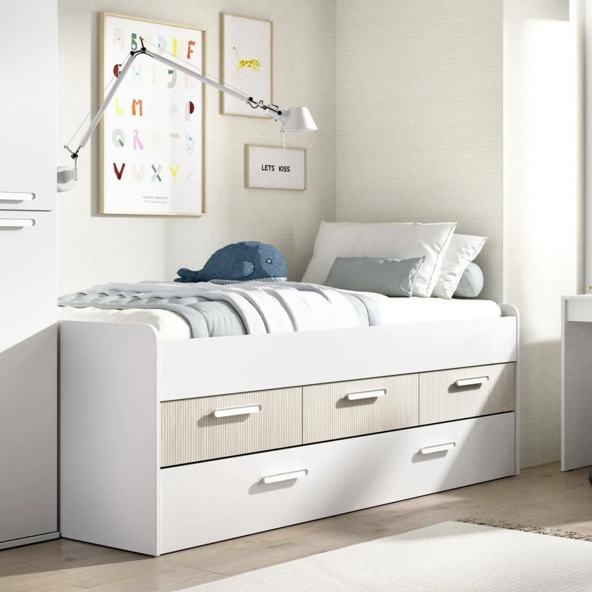 Letti Contenitore|Letti Singoli > Dmora Letto singolo bianco e rovere 95x194cm - Aftro Marrone, Bianco Rovere