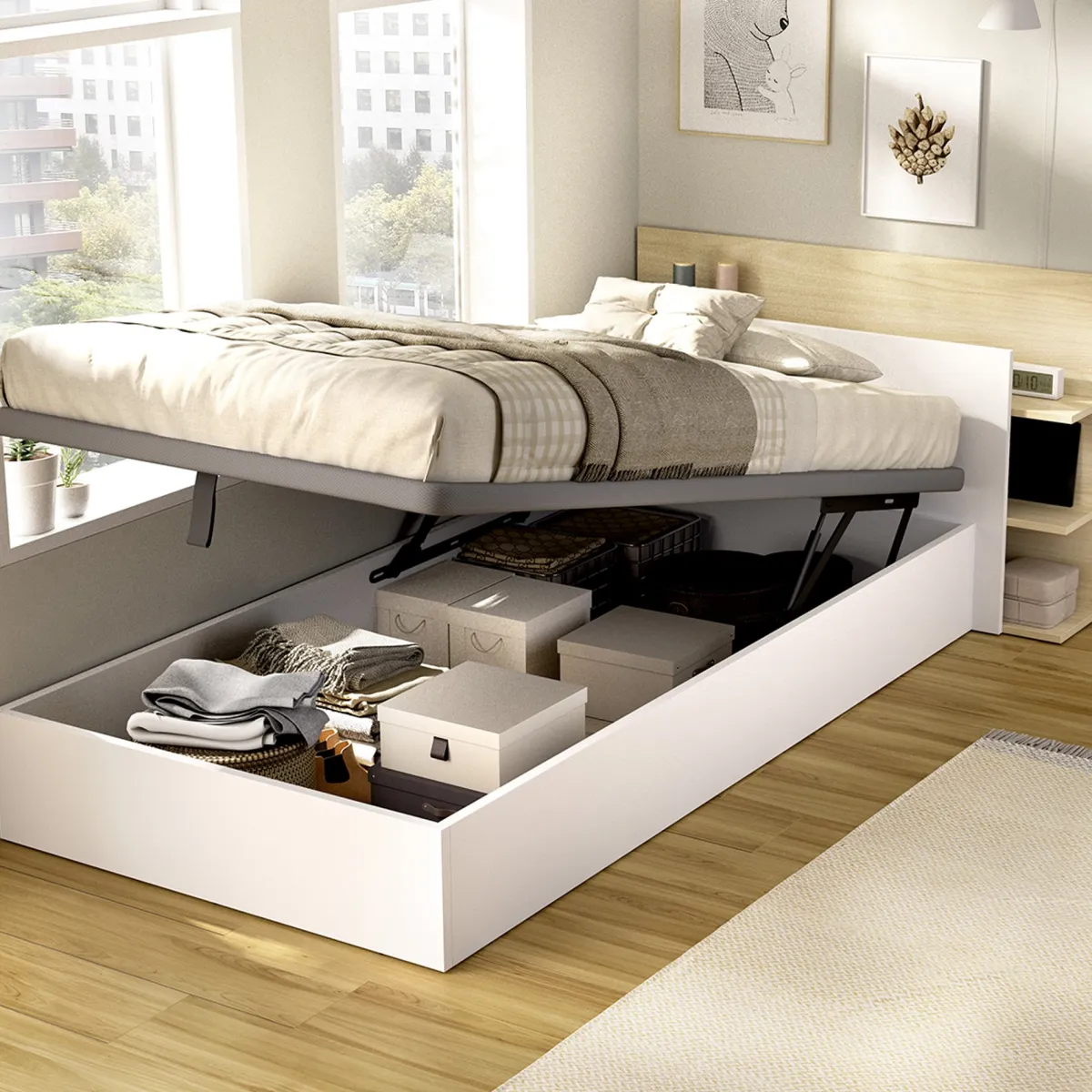 Letti Contenitore|Letti Singoli > Dmora Letto Singolo Bianco Marrone Rovere Contenitore Dimensione Materasso 90x190 cm, Testiera con Libreria Inclusa Marrone Rovere, Bianco