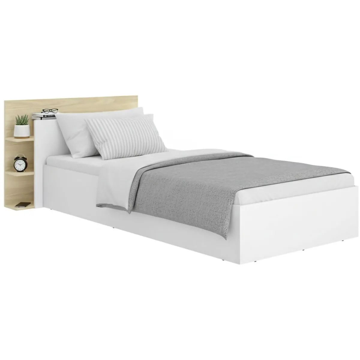Letti Contenitore|Letti Singoli > Dmora Letto Singolo Bianco Marrone Rovere Contenitore Dimensione Materasso 90x190 cm, Testiera con Libreria Inclusa Marrone Rovere, Bianco