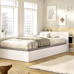 Letti Contenitore|Letti Singoli > Dmora Letto Singolo Bianco Marrone Rovere Contenitore Dimensione Materasso 90x190 cm, Testiera con Libreria Inclusa Marrone Rovere, Bianco