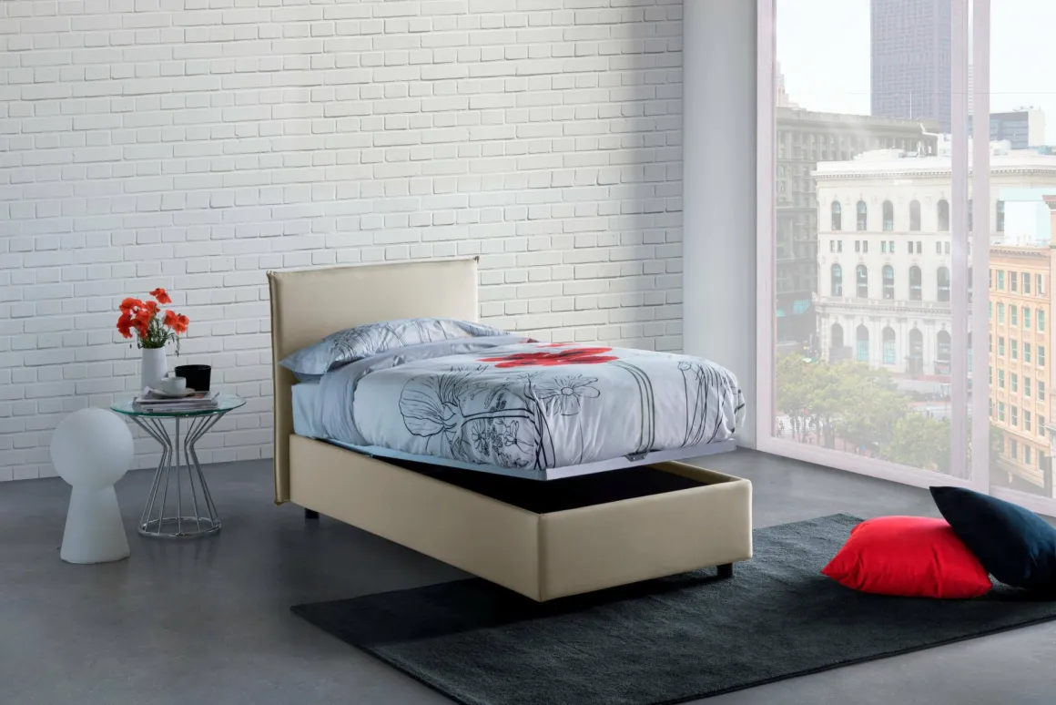 Letto singolo contenitore beige 105x215cm rivestimento in tessuto - Alder