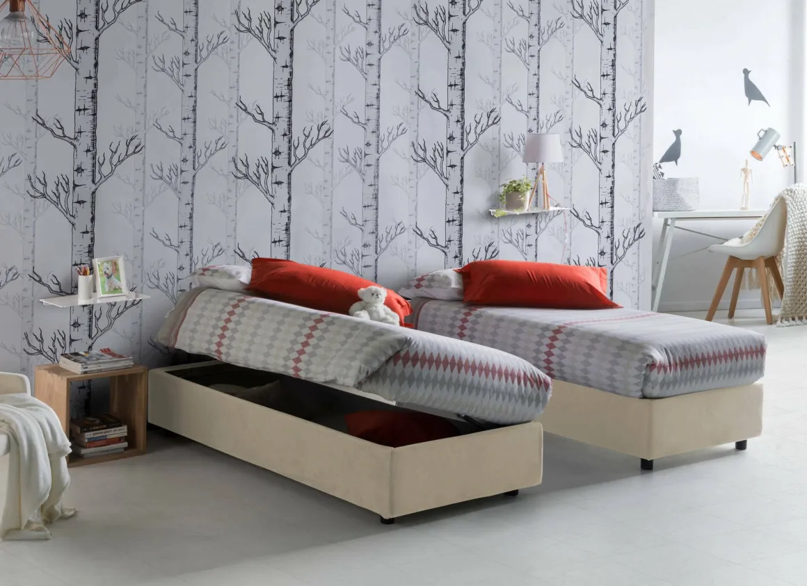 Letto singolo contenitore beige 95x205cm rivestituto in tessuto - Adoxa