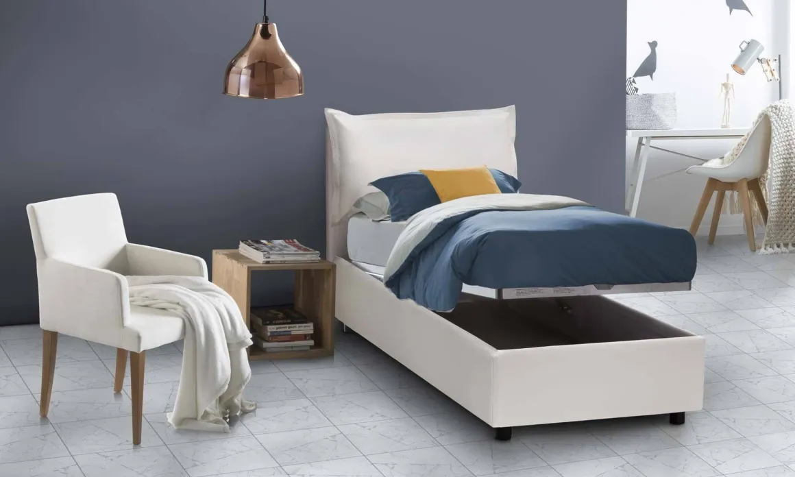 Letto singolo contenitore bianco 105x205cm imbottito - Amandola