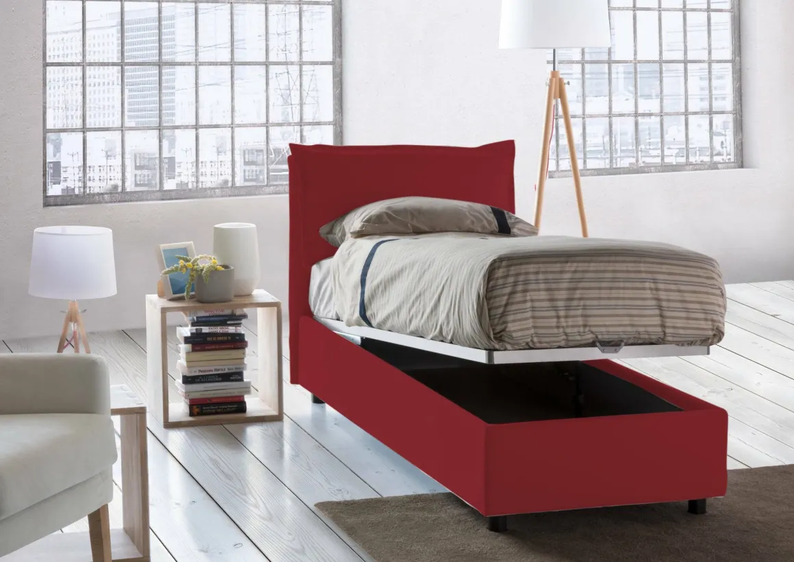 Letto singolo contenitore rosso 95x215cm in legno - Azzurrino