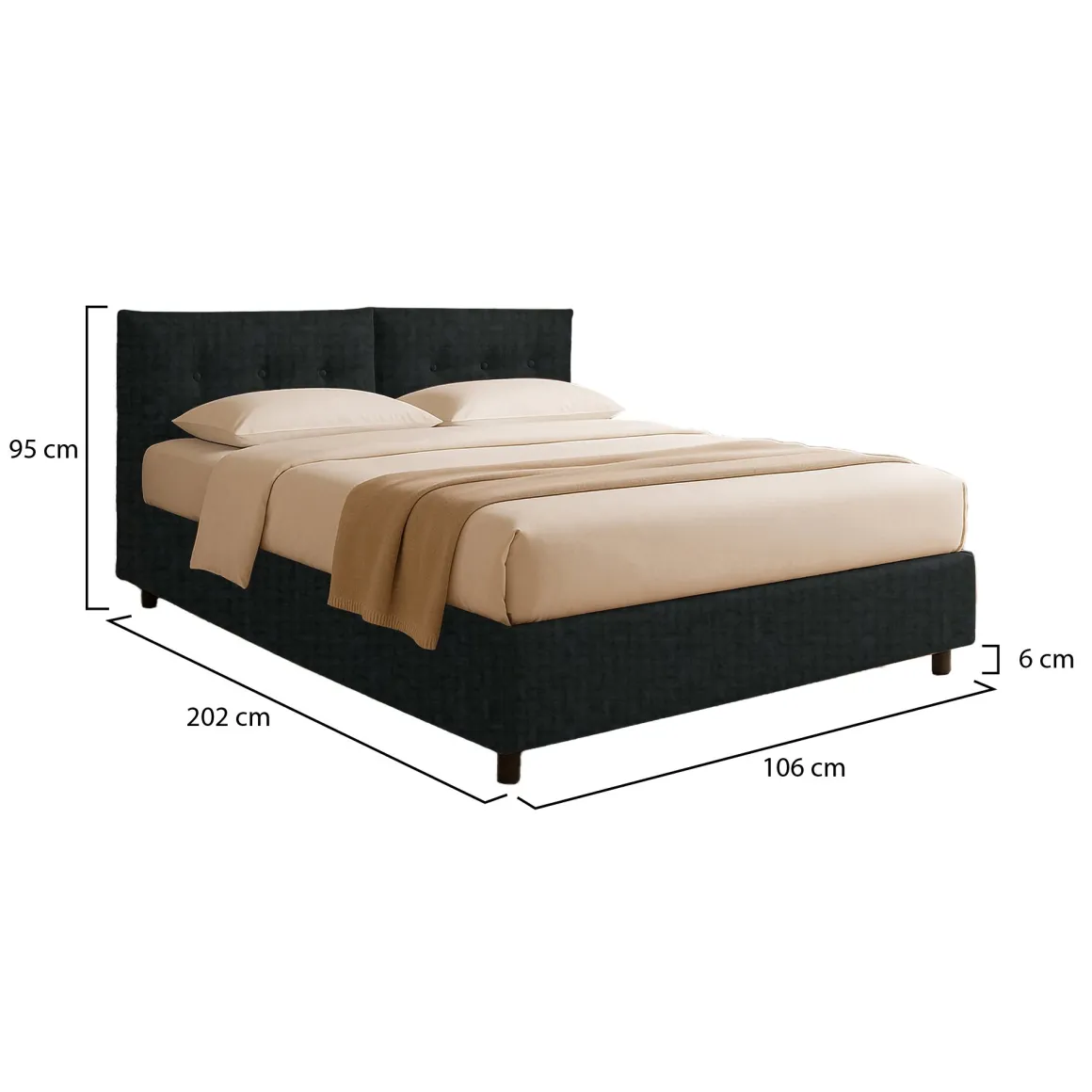 Letto Singolo Grigio Scuro Sfoderabile Contenitore, Dimensione Materasso 90x190 cm - Stazzano