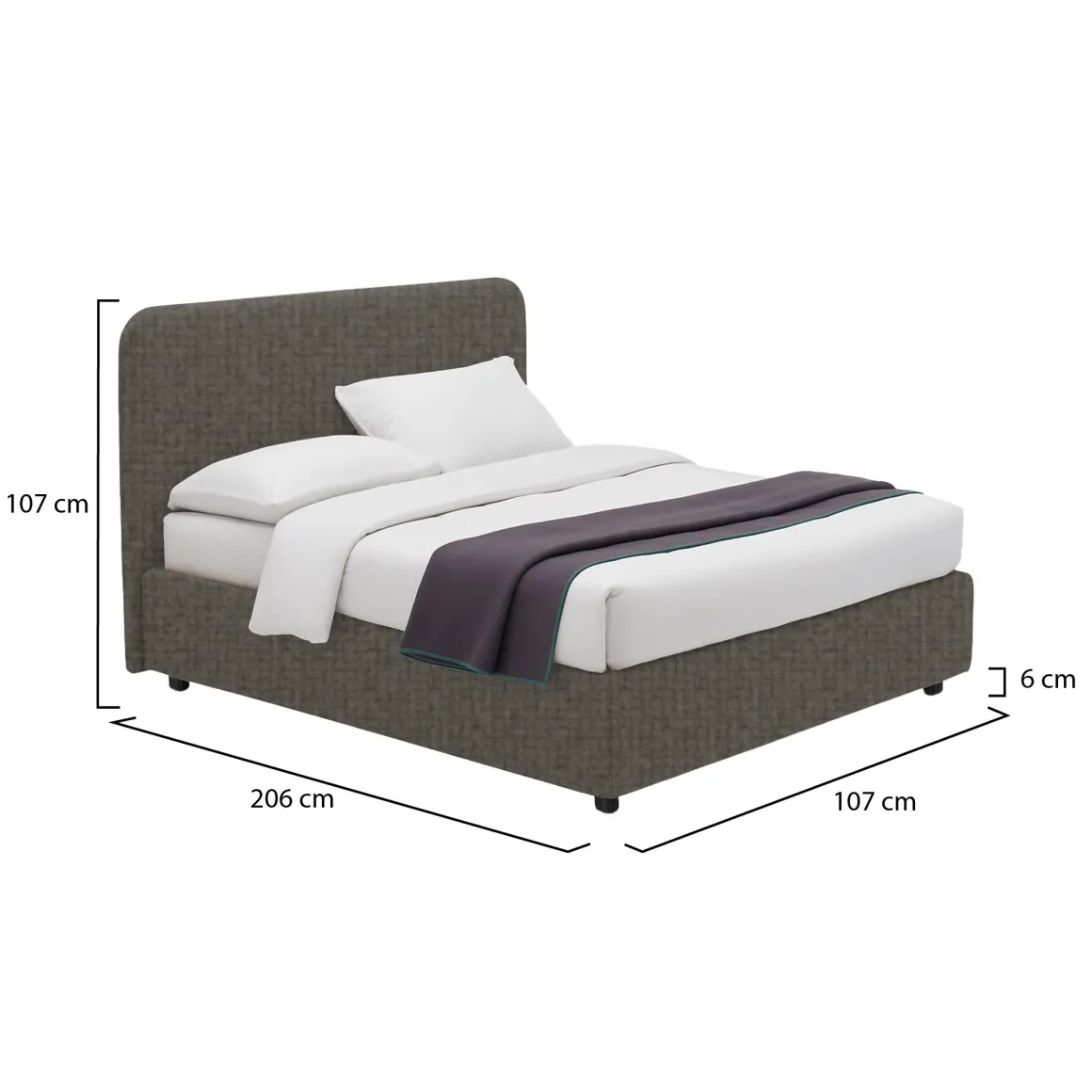 Letto Singolo Grigio Tortora Sfoderabile Contenitore, Dimensione Materasso 90x190 cm - Supino