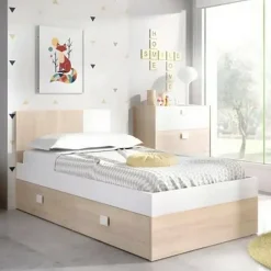 Letti Contenitore|Letti Singoli > Dmora Letto singolo moderno bianco e rovere 98x200cm adatto per materasso 90x190 cm - Auguste Marrone, Bianco Rovere