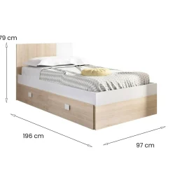 Letti Contenitore|Letti Singoli > Dmora Letto singolo moderno bianco e rovere 98x200cm adatto per materasso 90x190 cm - Auguste Marrone, Bianco Rovere