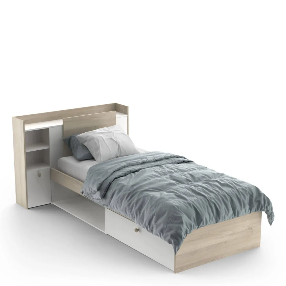 Letti Contenitore|Letti Singoli > Dmora Letto singolo moderno rovere e bianco opaco 124x226cm adatto per materasso 90x200 cm - Wali Bianco Opaco, Marrone Rovere