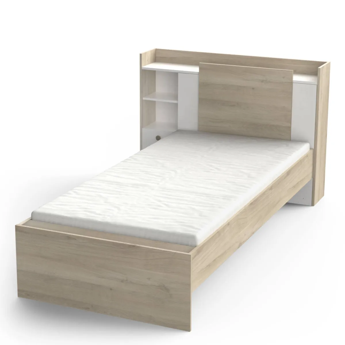Letti Contenitore|Letti Singoli > Dmora Letto singolo moderno rovere e bianco opaco 124x226cm adatto per materasso 90x200 cm - Wali Bianco Opaco, Marrone Rovere
