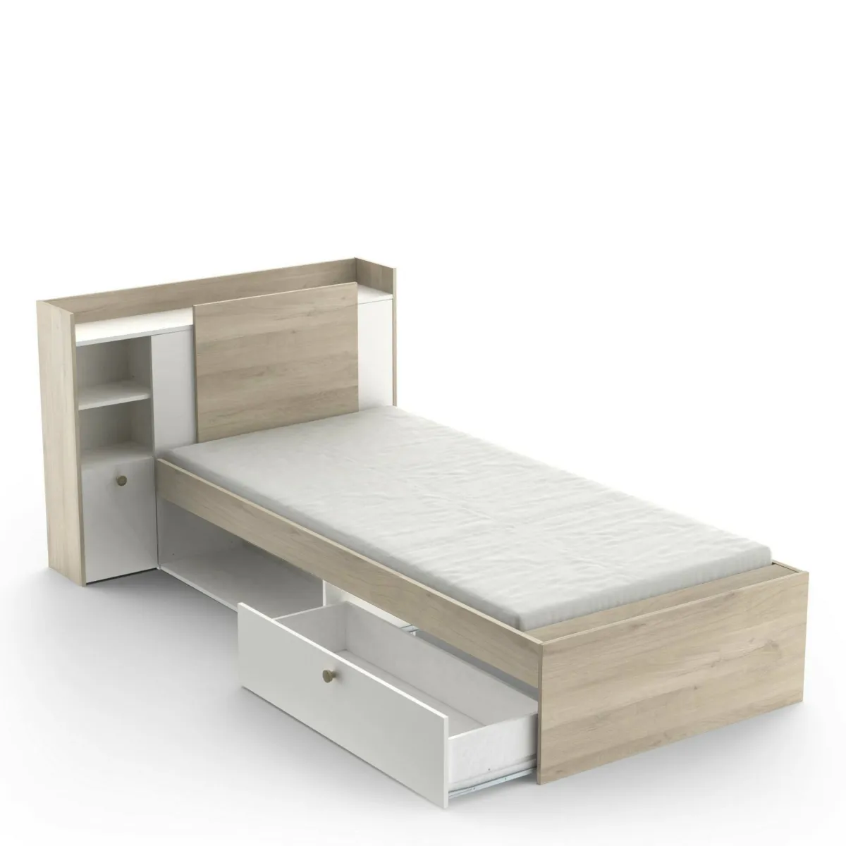 Letti Contenitore|Letti Singoli > Dmora Letto singolo moderno rovere e bianco opaco 124x226cm adatto per materasso 90x200 cm - Wali Bianco Opaco, Marrone Rovere