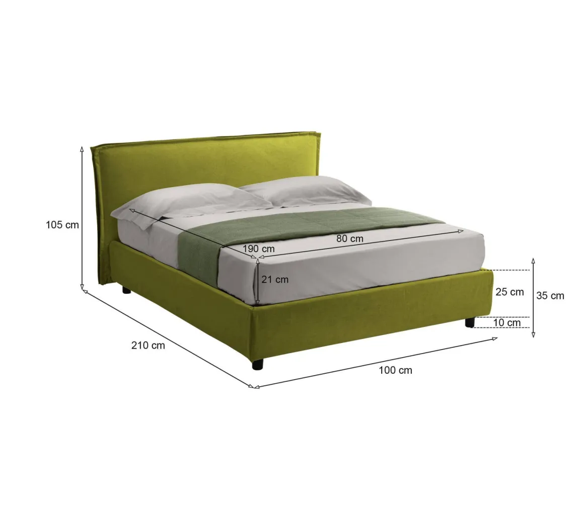 Letto Singolo Verde Materasso Incluso Sfoderabile, Contenitore Made in Italy - Brozolo