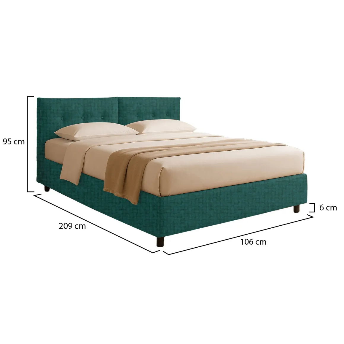 Letto Singolo Verde Petrolio Sfoderabile Contenitore, Dimensione Materasso 90x200 cm - Nocara