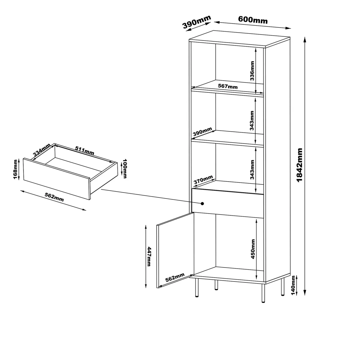 Libreria Beige un Cassetto 3 Ripiani 60x39x184h cm, con Piedini in Metallo - Pioraco