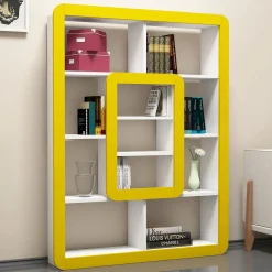 Libreria Bianco Giallo 8 Ripiani Installazione Libera 108x22x140h cm, Struttura Verticale - Caltrano