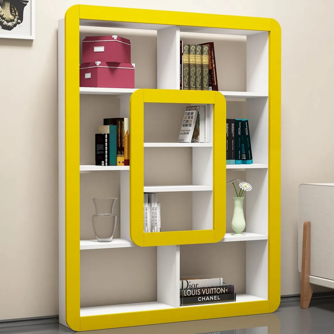 Libreria Bianco Giallo 8 Ripiani Installazione Libera 108x22x140h cm, Struttura Verticale - Caltrano