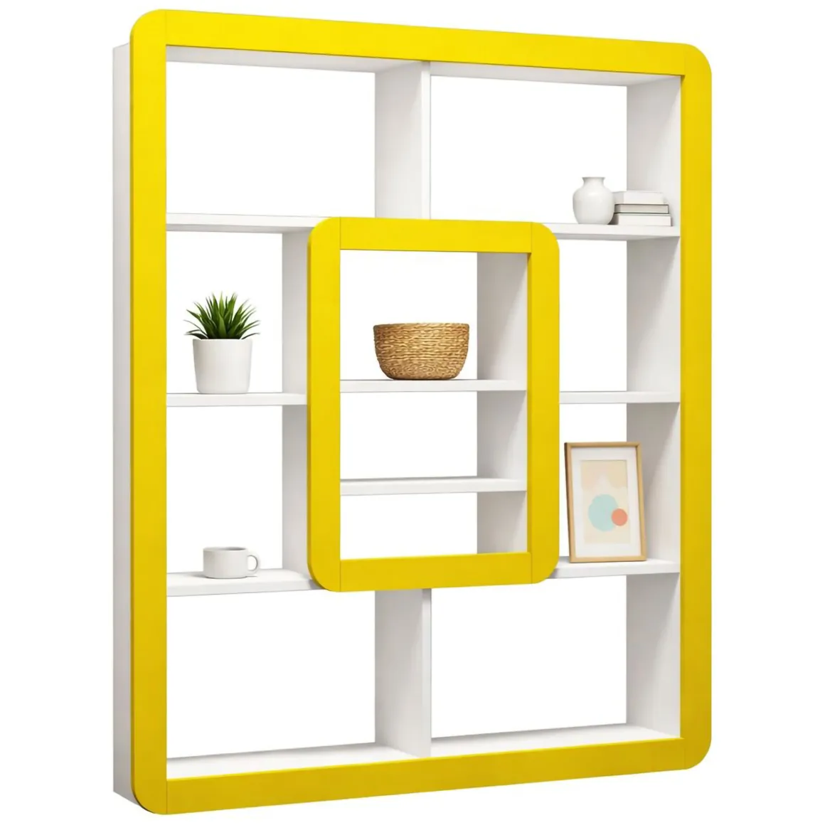 Libreria Bianco Giallo 8 Ripiani Installazione Libera 108x22x140h cm, Struttura Verticale - Caltrano