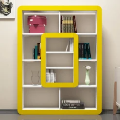 Libreria Bianco Giallo 8 Ripiani Installazione Libera 108x22x140h cm, Struttura Verticale - Caltrano