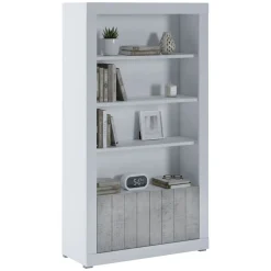 Librerie > Dmora Libreria Bianco Grigio Cemento 3 Ripiani 2 Ante 105x42x191h cm, Installazione a Terra - Spinoso Grigio, Bianco Cemento