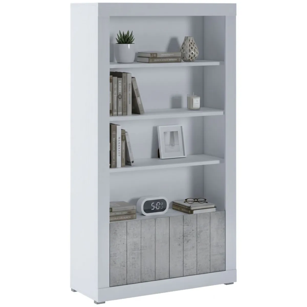 Librerie > Dmora Libreria Bianco Grigio Cemento 3 Ripiani 2 Ante 105x42x191h cm, Installazione a Terra - Spinoso Grigio, Bianco Cemento