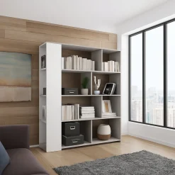 Libreria Bianco Grigio Cemento 6 Ripiani Installazione a Terra 129x33x174h cm, Colore Struttura Grigio - Oro