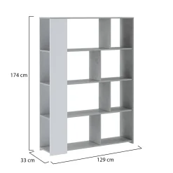 Libreria Bianco Grigio Cemento 6 Ripiani Installazione a Terra 129x33x174h cm, Colore Struttura Grigio - Oro