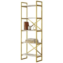 Libreria Bianco Marmo oro 5 Ripiani Installazione Libera 58x30x175h cm, Utilizzabile Come Divisorio Locale - Trecenta