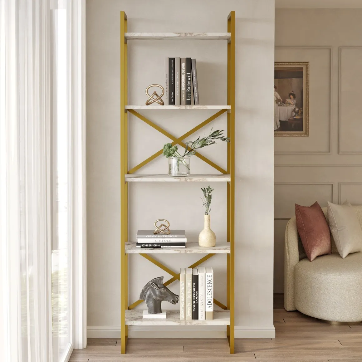 Libreria Bianco Marmo oro 5 Ripiani Installazione Libera 58x30x175h cm, Utilizzabile Come Divisorio Locale - Trecenta