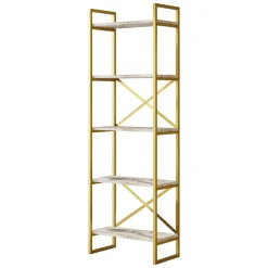 Libreria Bianco Marmo oro 5 Ripiani Installazione Libera 58x30x175h cm, Utilizzabile Come Divisorio Locale - Trecenta