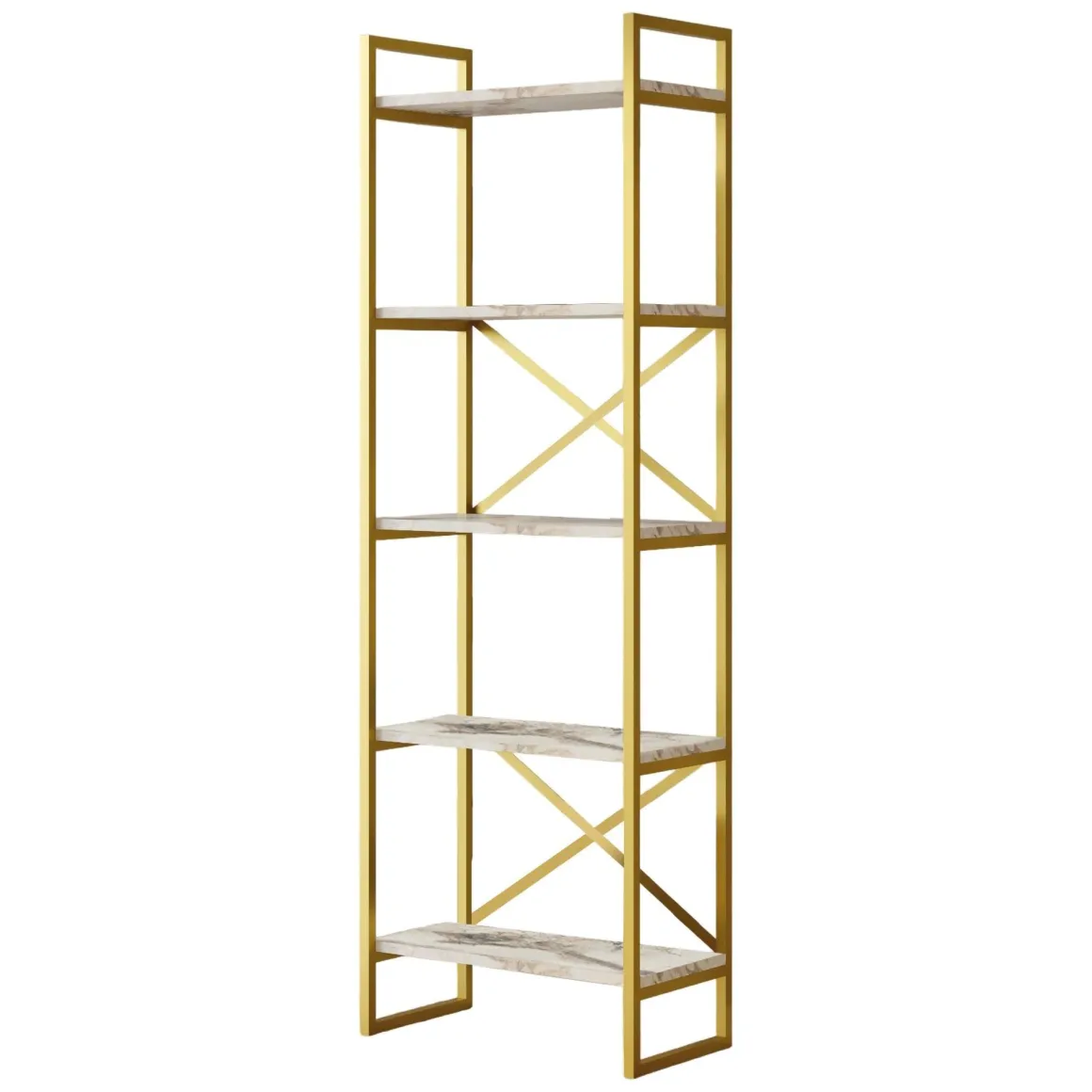 Libreria Bianco Marmo oro 5 Ripiani Installazione Libera 58x30x175h cm, Utilizzabile Come Divisorio Locale - Trecenta