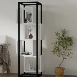 Libreria Bianco Marrone Rovere 4 Ripiani Installazione Libera 44x29x140h cm, Sfumatura Colore Struttura Rovere - Navel